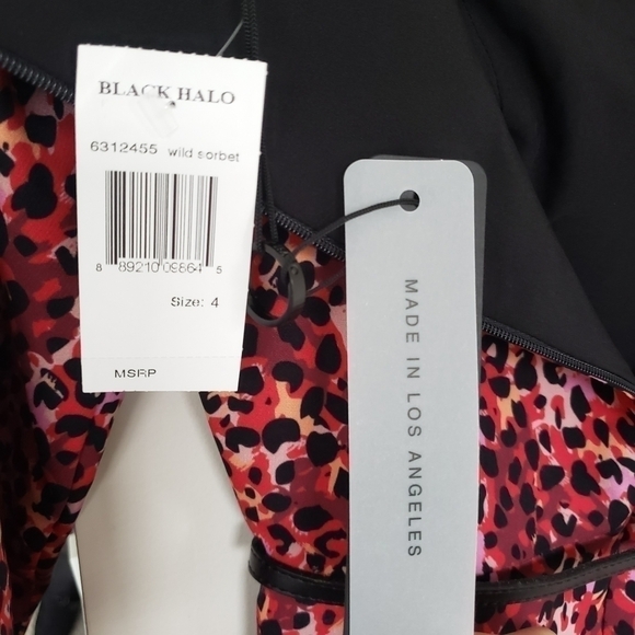 Black Halo Leopard Print Long Sleeve Belted Sheath Dress in Black & Pink - Picture 10 of 11